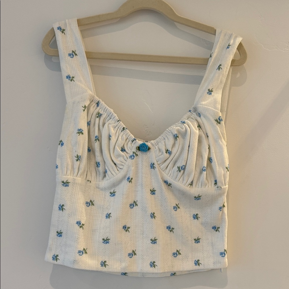 With Jéan Floral White pointelle and Blue Women's Top
